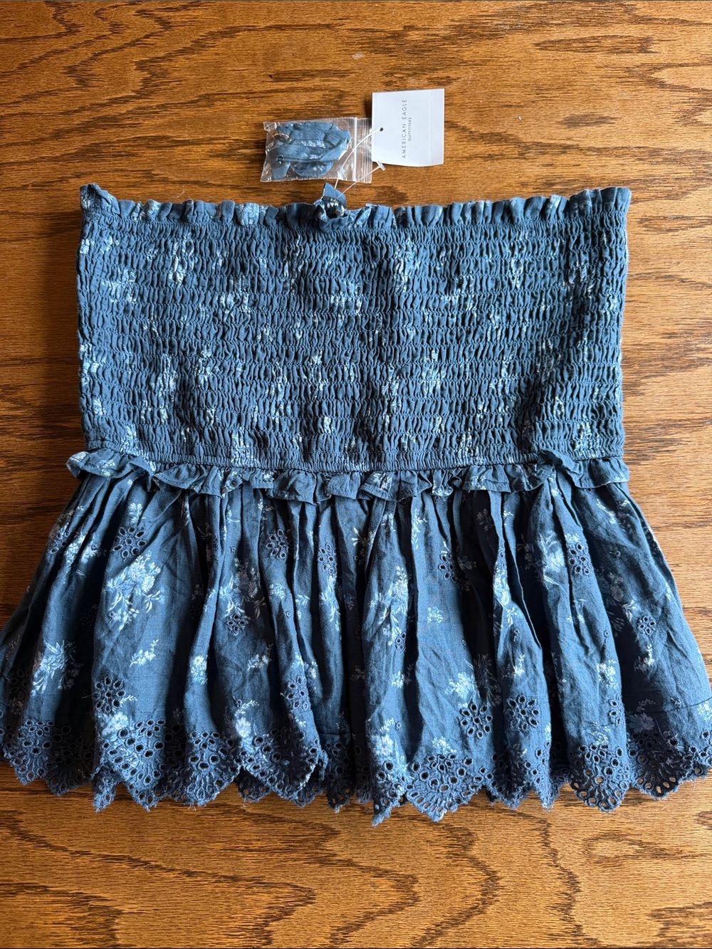 American Eagle Outfitters Blue Floral Smocked Eyelet Tube top